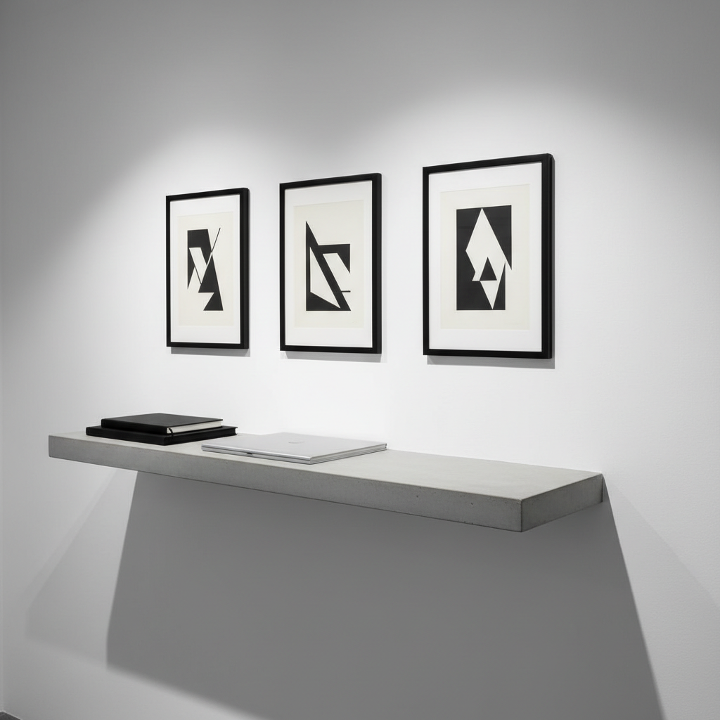 A refined workspace vignette featuring a closed, logo-free black sketchbook stacked atop a thin, silver portfolio case, both placed on a smooth concrete shelf fixed to a white gallery wall. Above them, three minimalist black frames hold abstract, high-contrast prints with sharp geometric shapes in grayscale. Directional gallery lighting from ceiling spots casts crisp, elongated shadows and creates a subtle glow around the framed pieces. Shot in photographic realism from a slightly lower angle, emphasizing vertical lines and negative space. The mood is gallery-like, sophisticated, and contemplative, perfect for a portfolio site’s “Selected Works” section, suggesting carefully curated creative projects presented in a museum-quality environment.