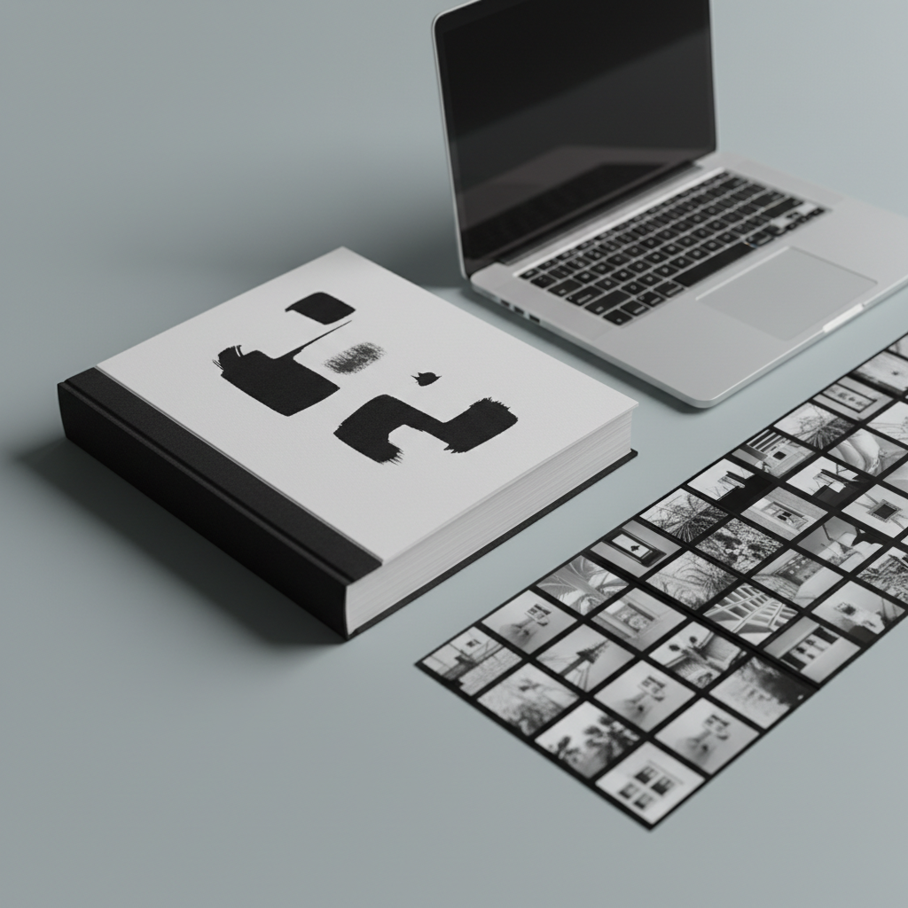 A flat lay of curated portfolio artifacts: a thick, unbranded black hardcover book slightly open to reveal crisp white pages with abstract black-and-white imagery, a slim silver laptop partially closed, and several contact-print style photo strips arranged with deliberate precision. All items rest on a seamless, cool grey surface. Soft studio lighting from the left creates gentle gradients and delicate shadows, emphasizing texture and form. Photographic realism with a shallow depth of field keeps the central book in sharp focus while the edges drift softly out. The composition follows rule of thirds and feels meticulously organized, evoking an artful, high-end portfolio overview section that highlights process and finished work alike.
