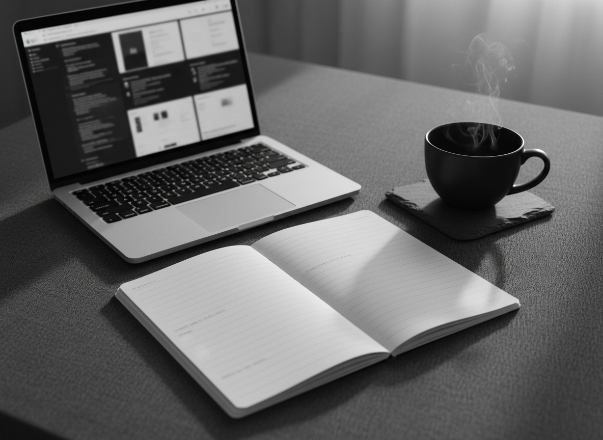 An elegant, monochrome-inspired desk scene designed for a portfolio “Insights” or blog section: a slim, open notebook with creamy pages filled only with faint, non-legible lines, placed beside a minimalist laptop showing a blurred interface of text and image blocks. A black ceramic cup sits nearby on a dark slate coaster, emitting a delicate wisp of steam. The surface is a charcoal-colored table with a subtle texture. Soft morning light enters from the right, creating gentle contrast and a refined play of light and shadow. Photographic realism, shot from a three-quarter overhead angle with moderate depth of field, keeps notebook and laptop in clear focus. The overall feeling is thoughtful, introspective, and polished, suggesting reflective writing about creative work and process.