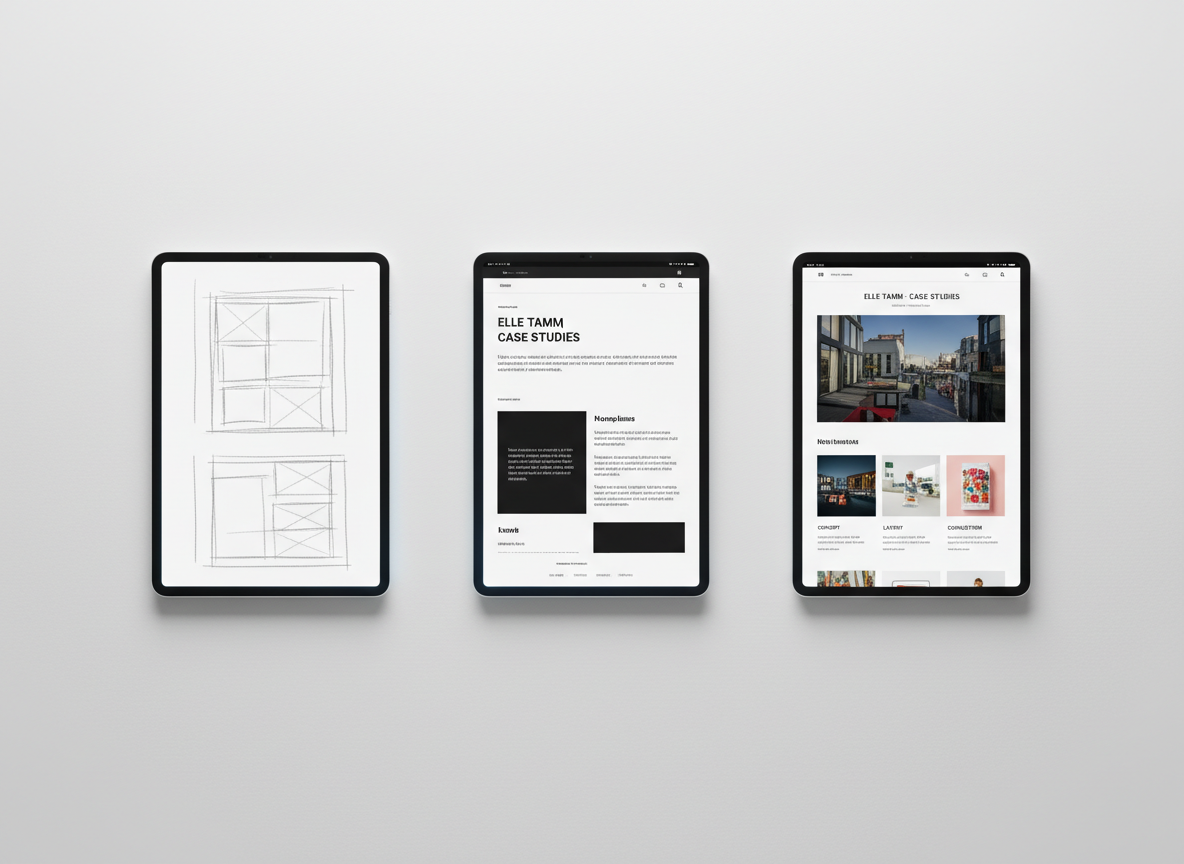 A series of three ultra-thin, unbranded tablets laid side by side on a matte white surface, each displaying a different stage of a design project: an initial grayscale sketch, a refined layout with strong black-and-white contrast, and a final polished mockup. The screens glow softly, with their edges catching a faint highlight from a top-down studio light, producing discreet, symmetrical shadows beneath each device. Photographic realism with a carefully centered, top-down composition emphasizes progression and clarity. The mood is analytical yet artistic, perfect for a “Case Studies” portfolio page that walks prospective clients through Elle Tamm’s process from concept to completion in a clean, modern way.